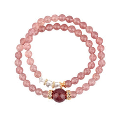 Natural Strawberry Quartz White Crystal Double Ring Bracelet - Purification & Soul