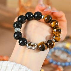 Natural Yellow Tiger Eye Stone Silver Obsidian Bracelet - Light & Power