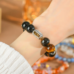 Natural Yellow Tiger Eye Stone Silver Obsidian Bracelet - Light & Power