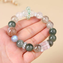 Natural Crystal Green Rutilated Quartz Black Gold Super White Crystal Sugar Cube Bracelet - Emotion & Balance