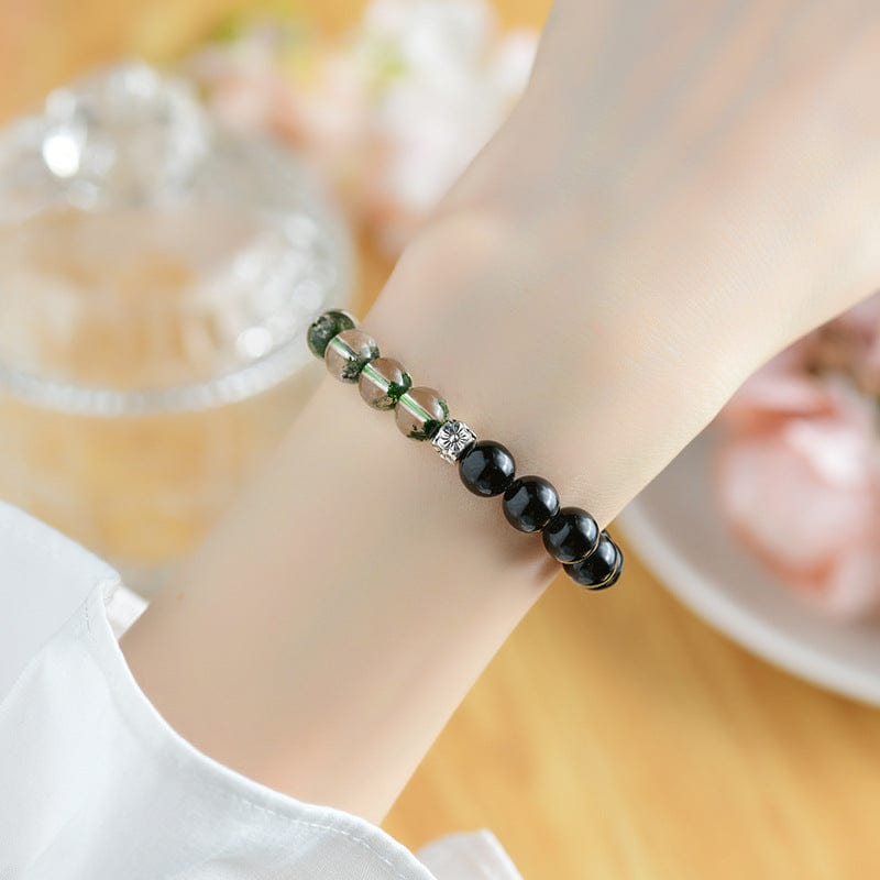 Natural Crystal Green Phantom Black Onyx Double Strand Bracelet - Confidence & Balance